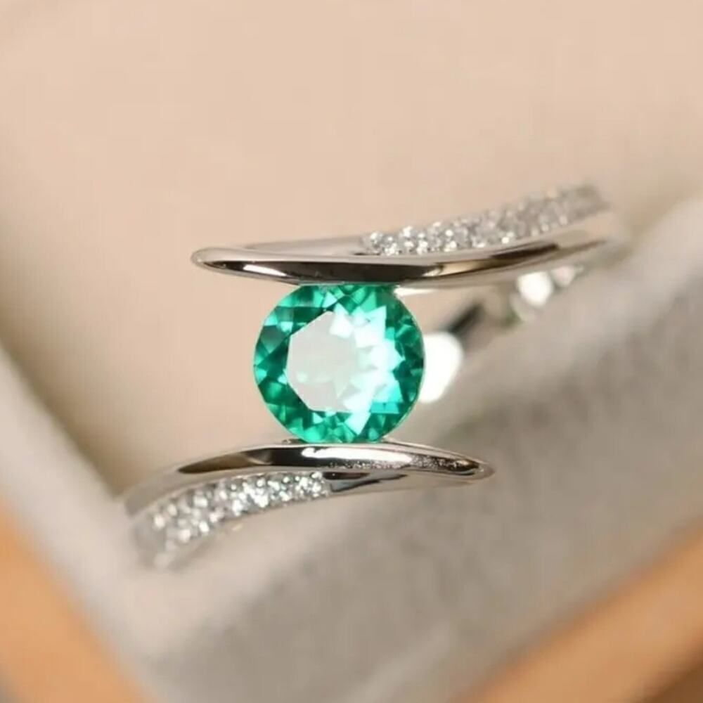 Green Emerald and Zircon Gemstone Ring Silver Plated